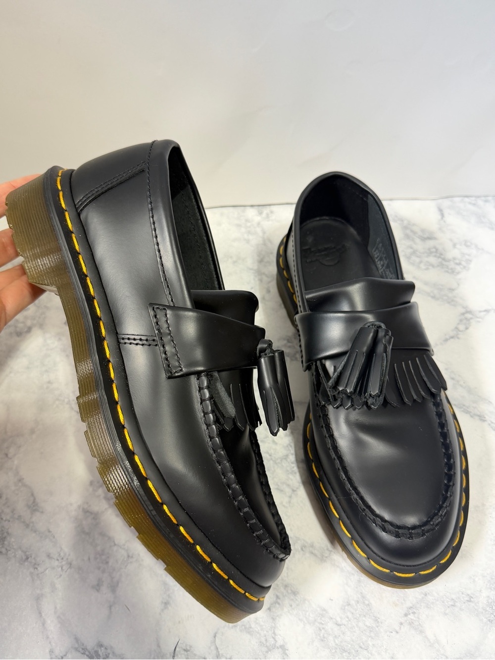 New Dr. Martens black Adrian yellow stitch leather tassel loafers shoes size 8